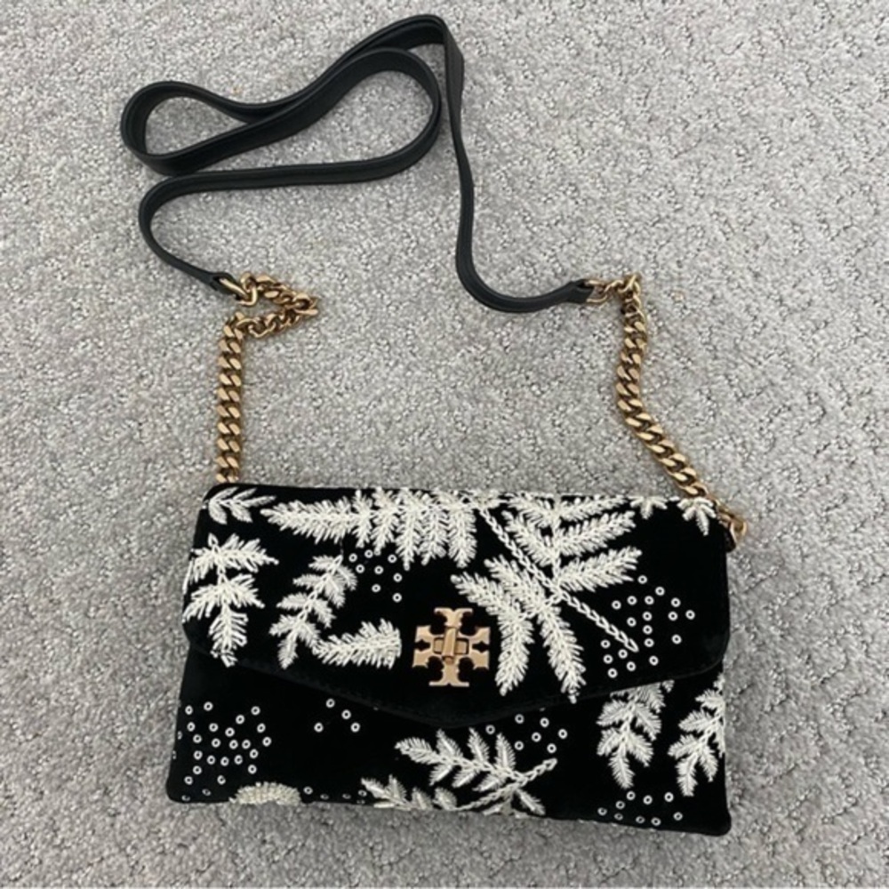 Tory Burch Kira Embroidered Velvet crossbody wallet bag
